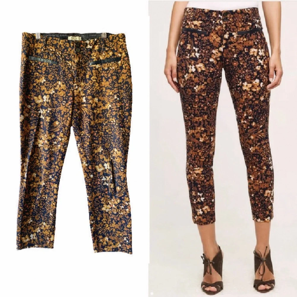 ANTHROPOLOGIE The Essential Slim Autumn Floral Cropped Trousers Pants Size 8